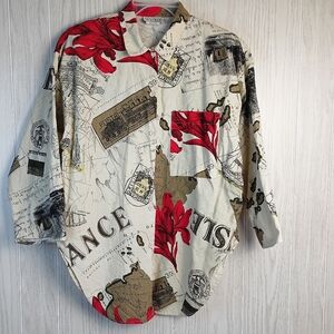 VTG 80s 90s Mirror Travel France Print made in USA Large 3 quarter button down